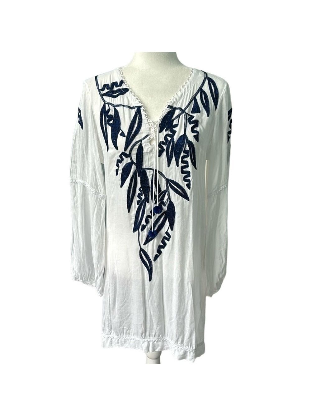 Poupette St. Barth White and Navy Blue Embroidered Dress Size Medium